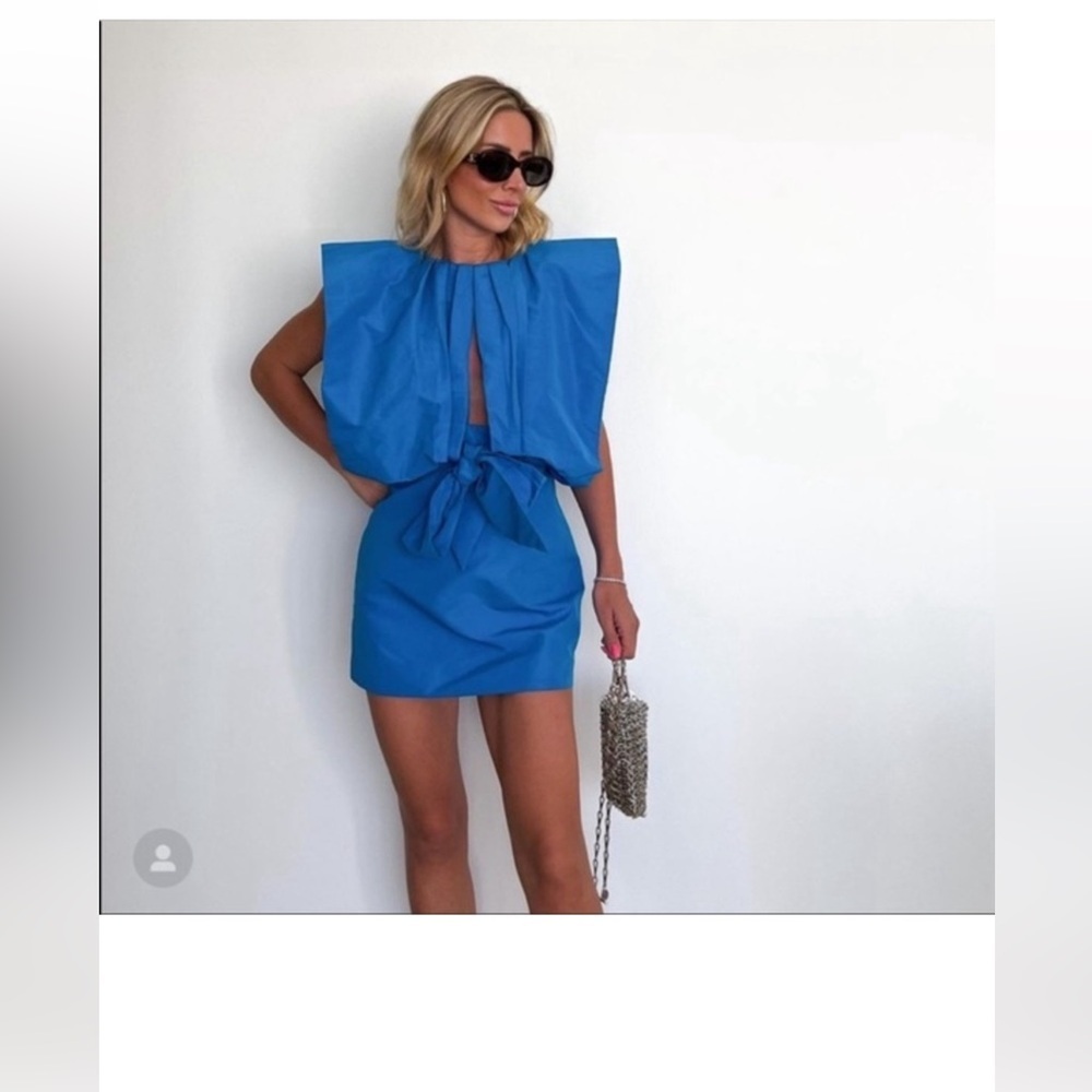Zara Electric Blue Pleated Cape Tie-Front Mini Dress
